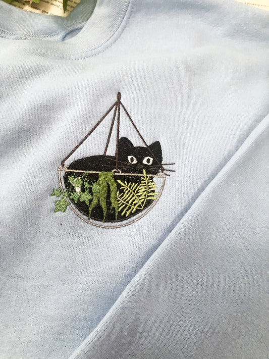 Black Cat in Hanging Planter Embroidered Unisex Sweatshirt