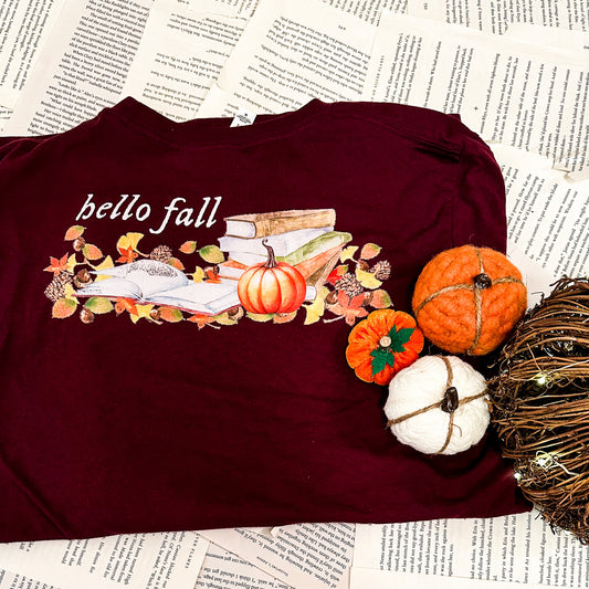 Hello Fall Red Text Autumn Themed Shirt Unisex Long Sleeve Tee